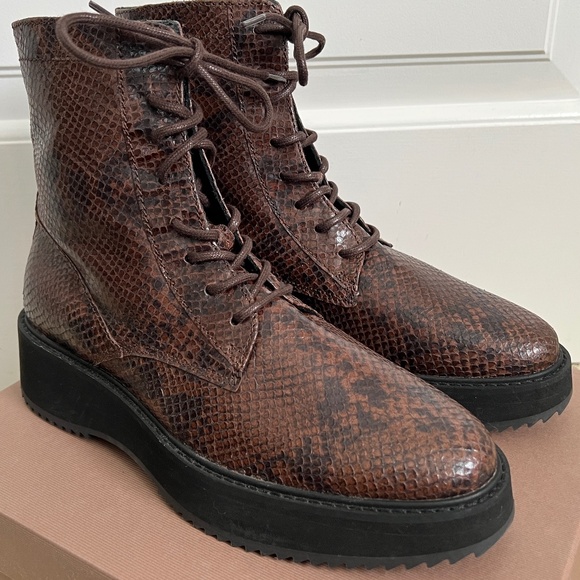 Rachel Comey Halt Brown Snake Print Embossed Leather Lace Up Combat Ankle Boots - Picture 1 of 14